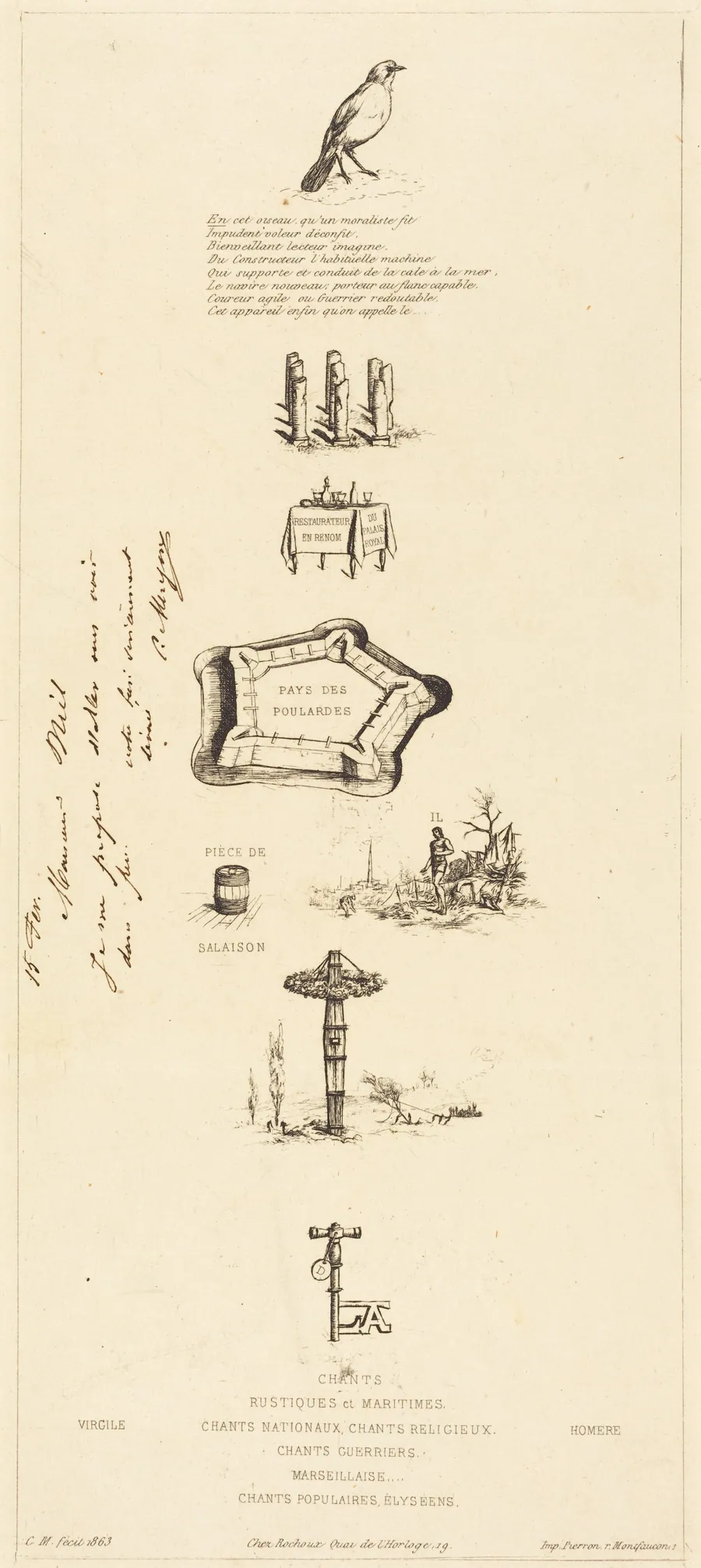 Rébus: "Béranger ne fut véritablement fort, car il n'eut jamais la clef des champs" (Rebus: "Beranger was not really strong, for he never had the key of the fields") by Charles Meryon