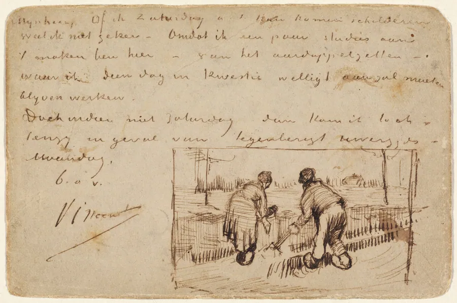 Postcard with Two Peasants Digging by Vincent van Gogh