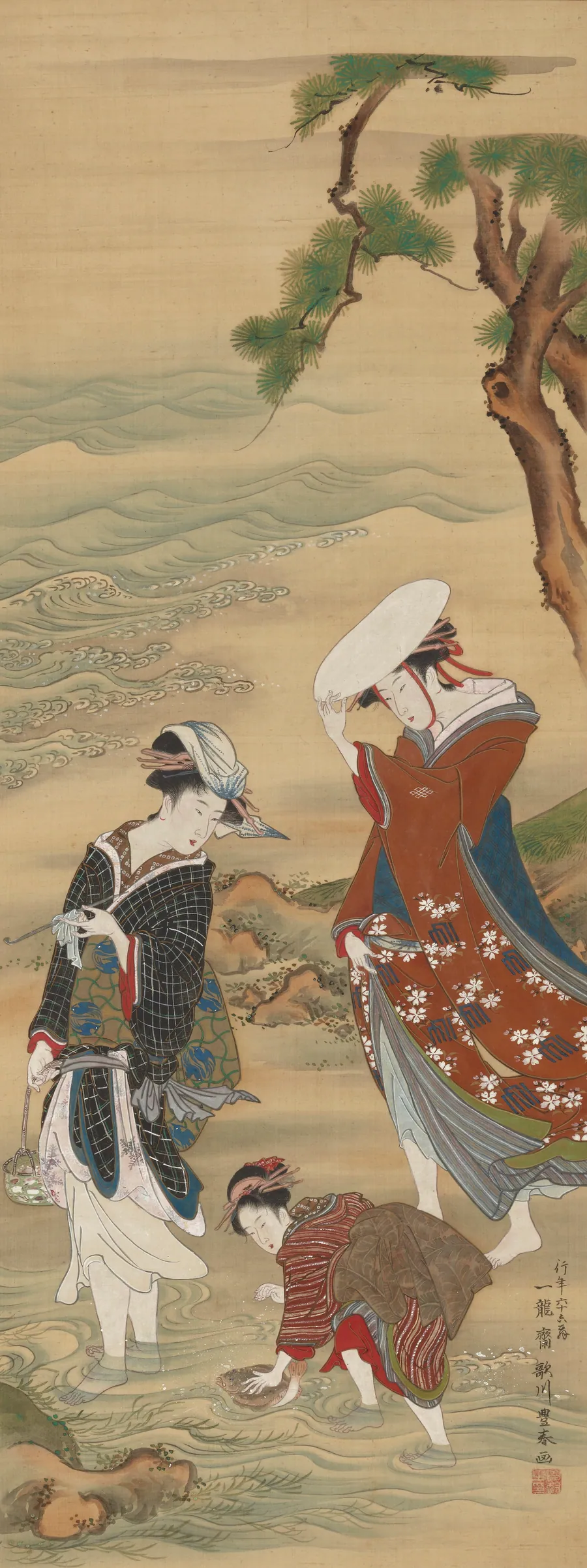 Two women and a girl on the seashore by Utagawa Toyoharu (1735-1814)