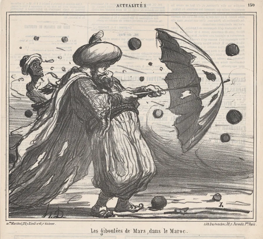 Sudden showers in March, in Morocco, from 'News of the Day,' published in Le Charivari, March 16, 1860 by Destouches
