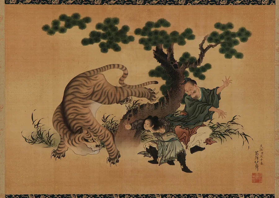Filial piety: Yang Hsiang saving his father from a tiger by Katsushika Hokusai 葛飾北斎 (1760-1849)