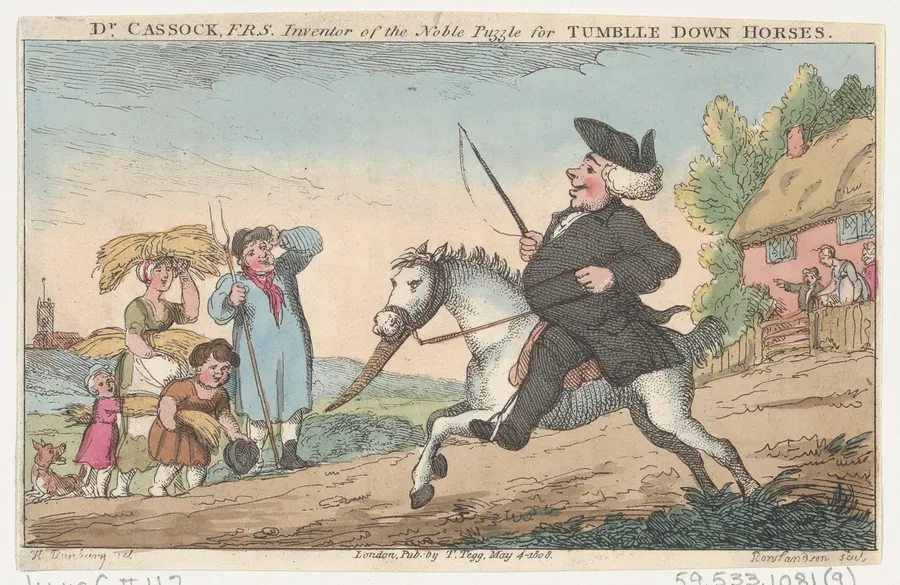 Dr. Cassock, F.R.S., Inventor of the Noble Puzzle for Tumble Down Horses by Thomas Rowlandson