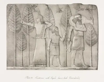 Monuments of Ninevah: Plate 32, Huntsmen with Gazelle, Hare and Birds (Khorsabad)