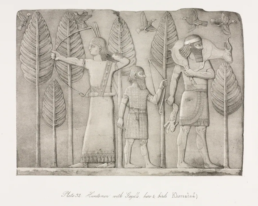 Monuments of Ninevah: Plate 32, Huntsmen with Gazelle, Hare and Birds (Khorsabad) by Austen Henry Layard