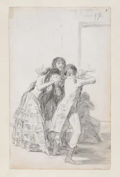 Young woman weeping and covering her face with her hands, accompanied by men; folio 17 (recto) from the Madrid Album 'B'