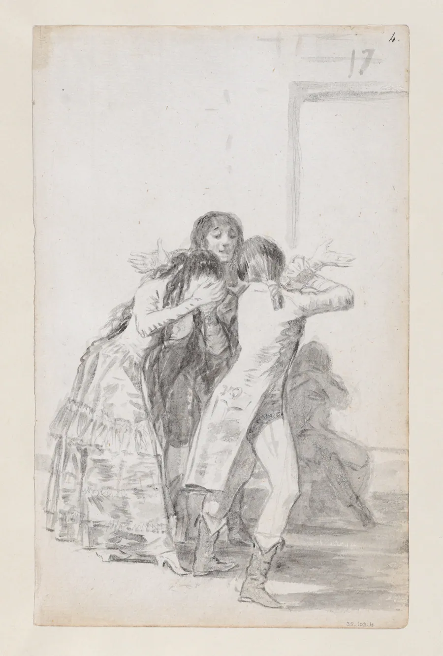 Young woman weeping and covering her face with her hands, accompanied by men; folio 17 (recto) from the Madrid Album 'B' by Goya (Francisco de Goya y Lucientes)