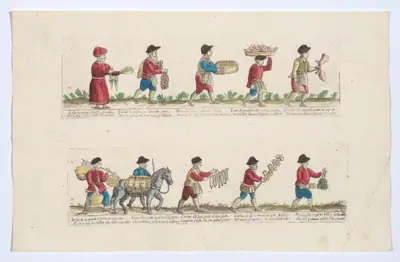 Plate 11 depicting the trades of Rome, here including vendors of pigs heads, milk, wine etc, from the 'Descrición de las artes que se llaman para los calles de la ciudad de Roma'