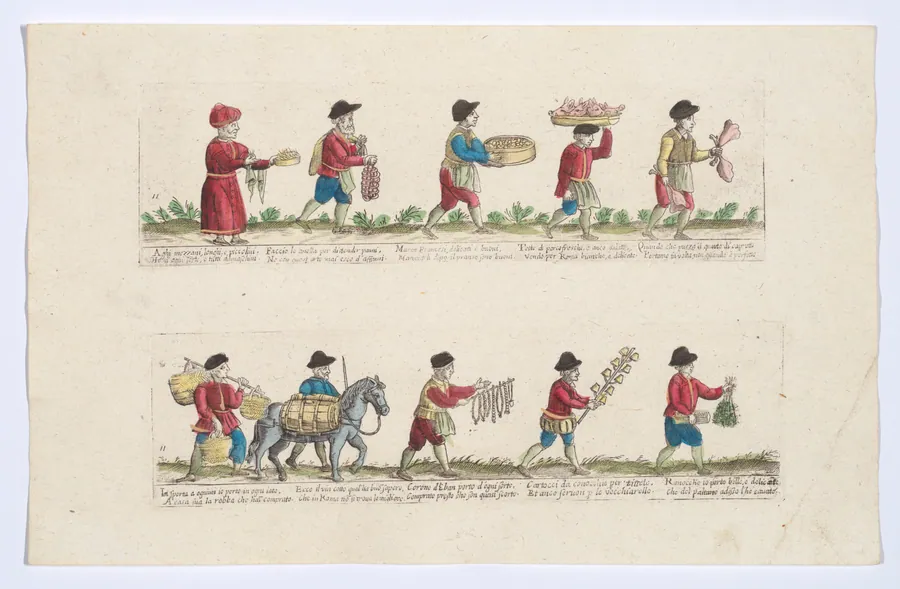 Plate 11 depicting the trades of Rome, here including vendors of pigs heads, milk, wine etc, from the 'Descrición de las artes que se llaman para los calles de la ciudad de Roma' by Remondini