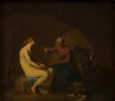 Røverbandens husholderske trøster den unge pige ved at fortælle myten om Amor og Psyche. Motiv fra Apulejus: Det gyldne æsel