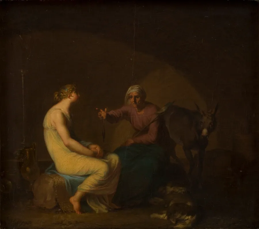 Røverbandens husholderske trøster den unge pige ved at fortælle myten om Amor og Psyche. Motiv fra Apulejus: Det gyldne æsel by Nicolai Abildgaard