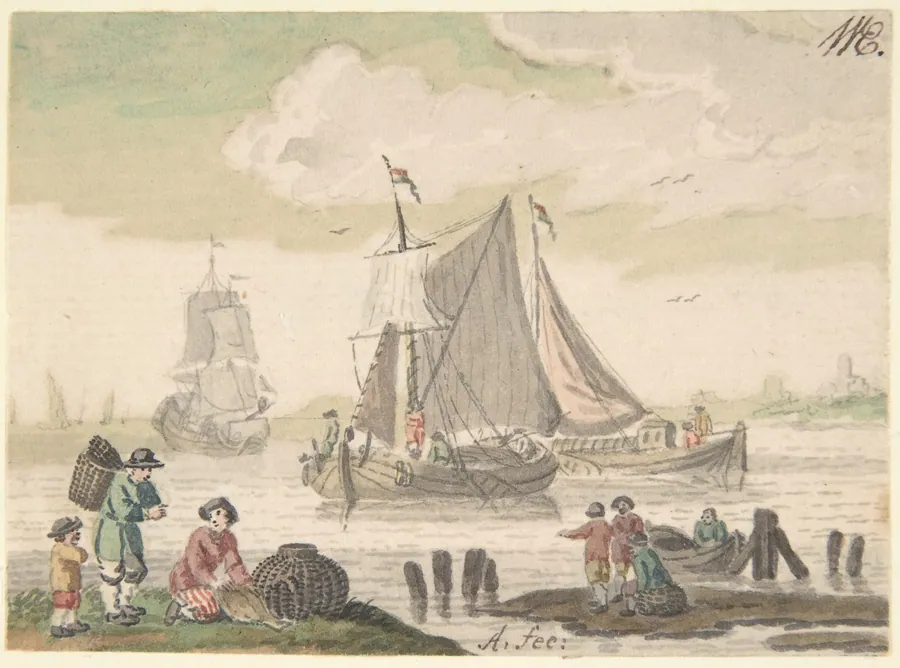 Seascape with Six Figures in the Foreground by Nicolaas Aartman