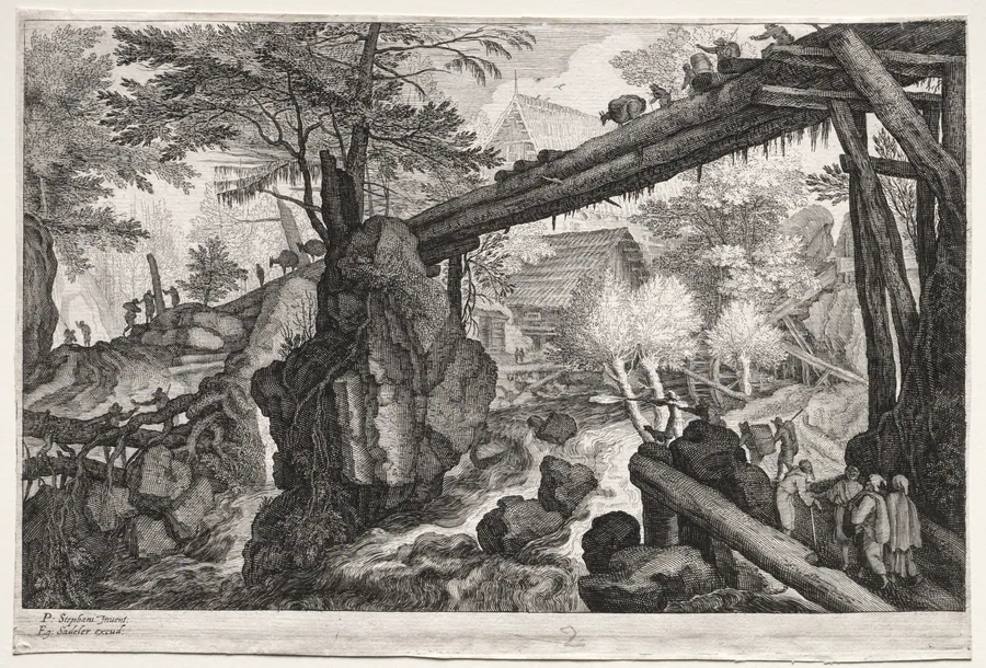 Eight Bohemian Landscapes:  Landscape with Log Bridge over Cataract by Aegidius Sadeler