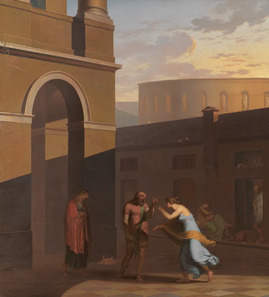 Davus taler med Mysis, Androspigens tjenestepige, som har lagt det nyfødte barn uden for Simos hus. Den lyttende Cremes opgiver sin datters forbindelse med Pamfilus. Motiv fra Terents: Pigen fra Andros by Nicolai Abildgaard