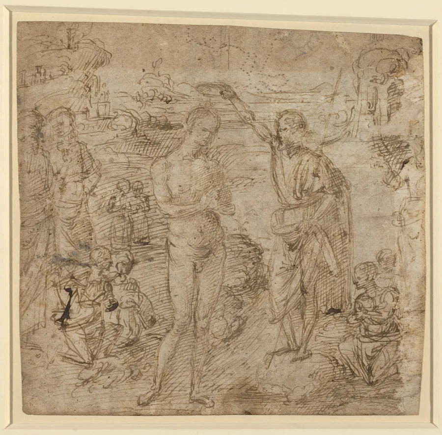 a) The Baptism of Christ; b) Draped Figure Holding a Book and Man Wielding an Ax with a Figure by Pietro Perugino