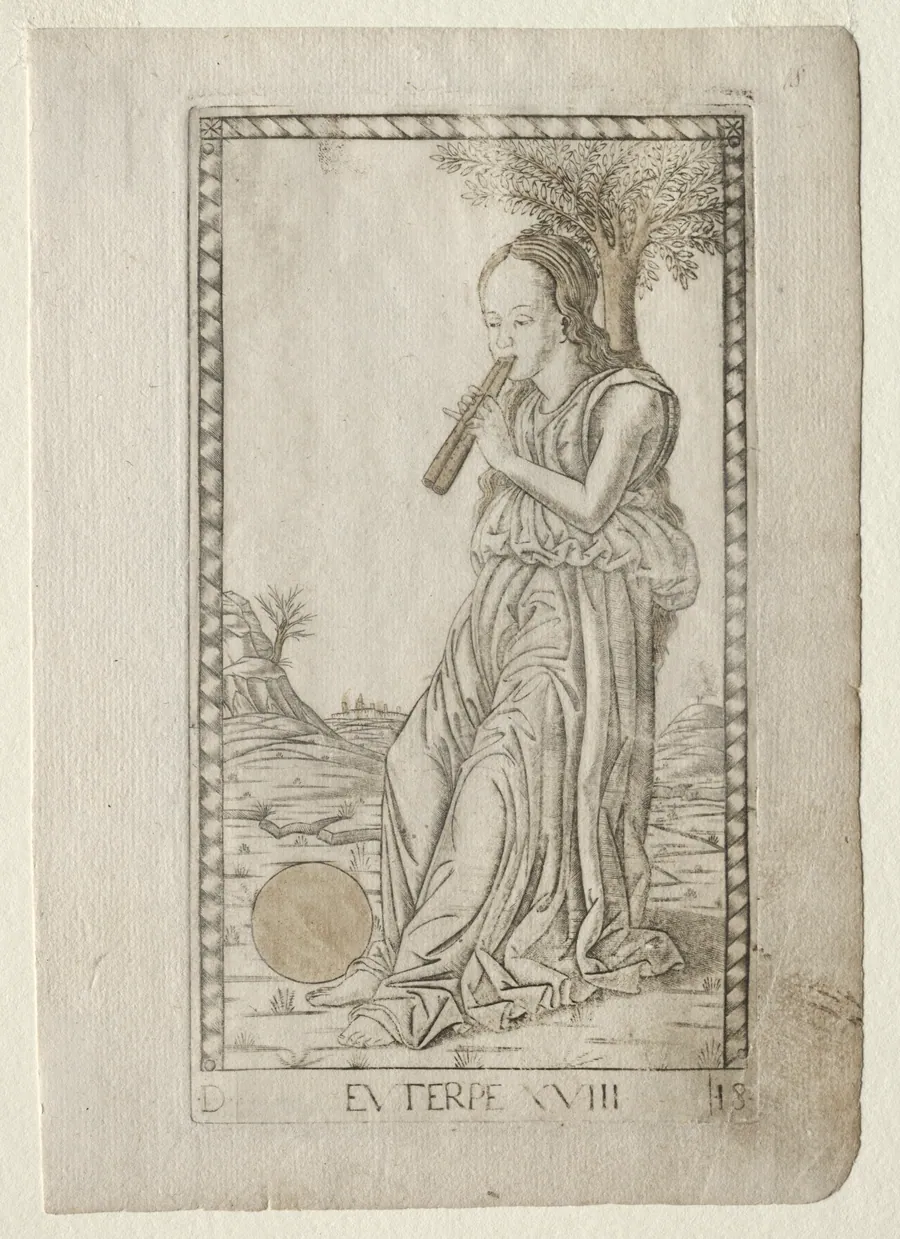 Euterpe (music, lyric poetry) (from the Tarocchi series D:  Apollo and the Muses, #18) by Master of the E-Series Tarocchi