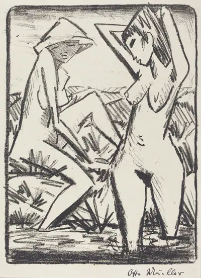 Standing Girl in Water and the Other Sitting on Shore (Im Wasser stehendes und am Ufer sitzendes Madchen mit Hut)