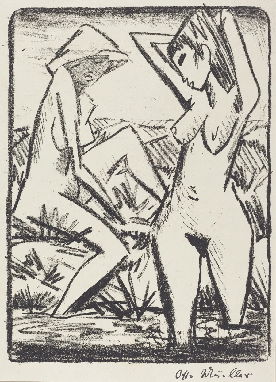 Standing Girl in Water and the Other Sitting on Shore (Im Wasser stehendes und am Ufer sitzendes Madchen mit Hut) by Otto Mueller