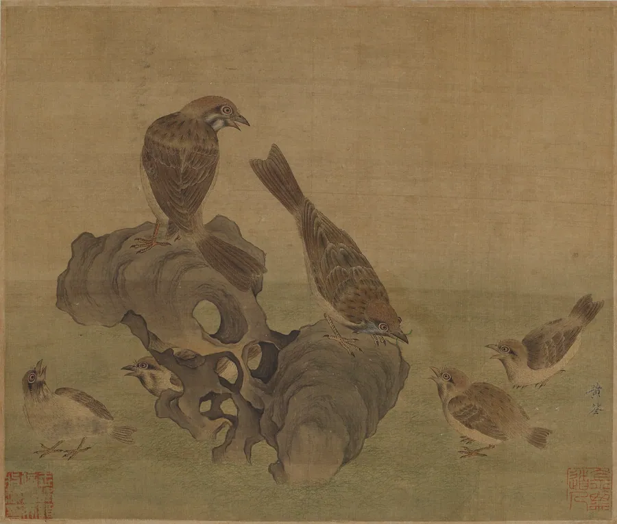 Sparrows feeding their young by Formerly attributed to Huang Quan (903-968)