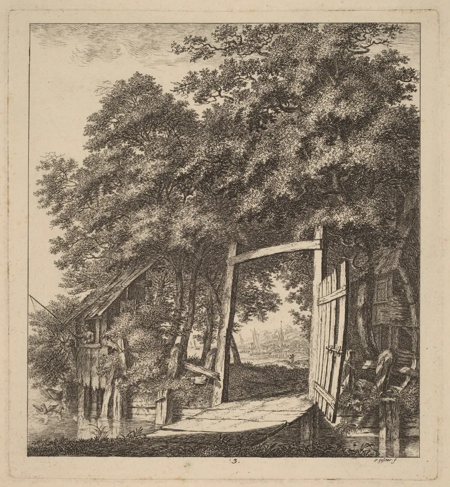 A Rustic Gate beside a Lake by Salomon Gessner