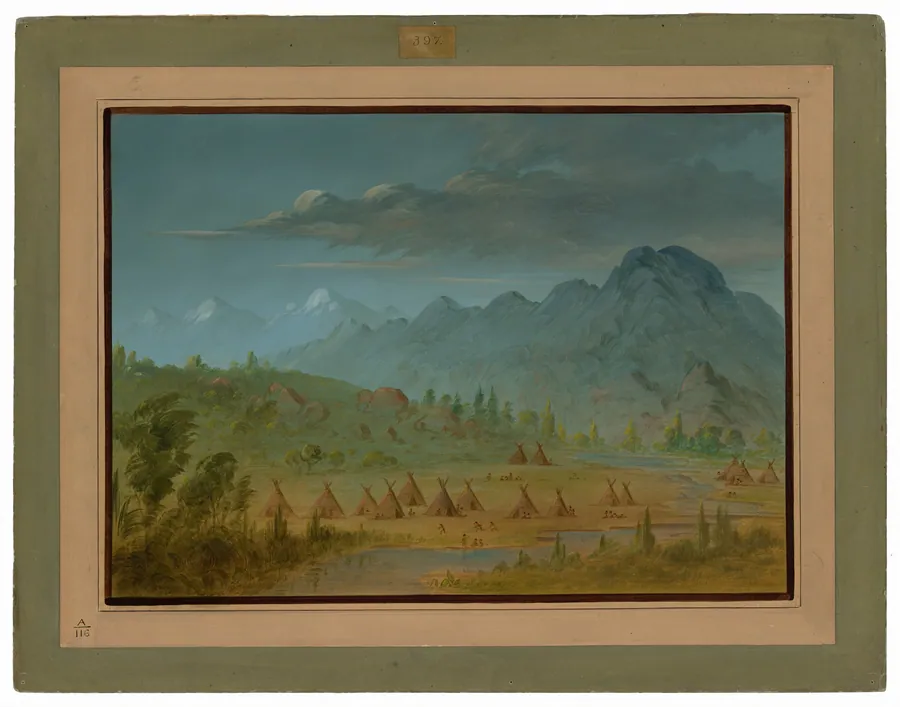 A Crow Village and the Salmon River Mountains by George Catlin