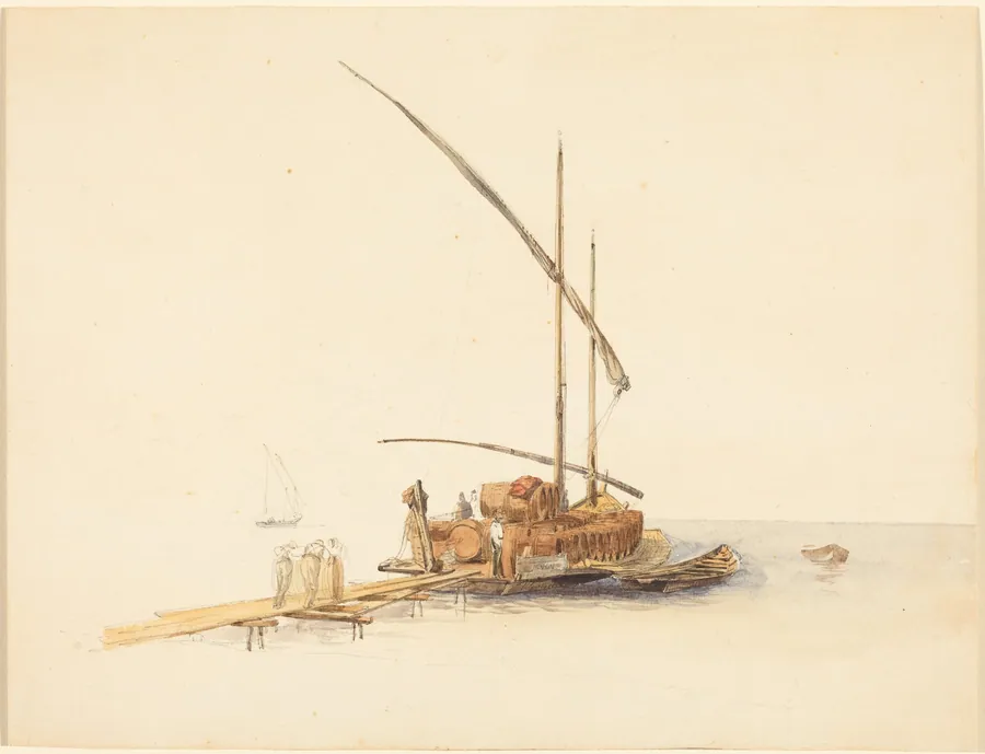 Wine Barrels Loaded onto a Sailing Barge at Vevey by Johann Jakob Ulrich