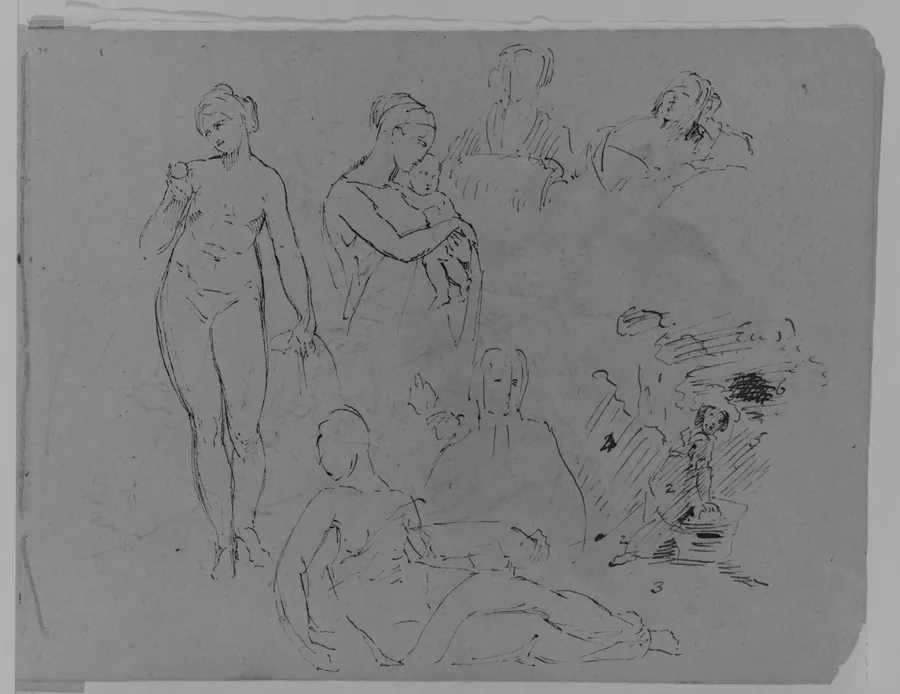 Seven Figure Sketches: Standing Female Nude with Fruit; Madonna and Child (?); Two Female Busts; Recumbent Semi-nude Figure, etc. (from Sketchbook) by Thomas Sully