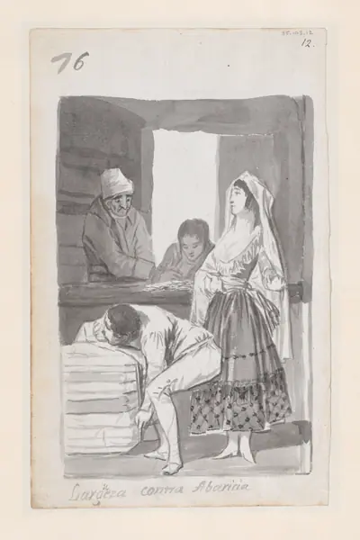 'Generosity versus Greed', a woman and three men conducting a transaction inside a shop; folio 76 (recto) from the Madrid Album 'B'