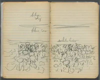 Sketchbook, page 046 & 47: Beach View with Color Notations