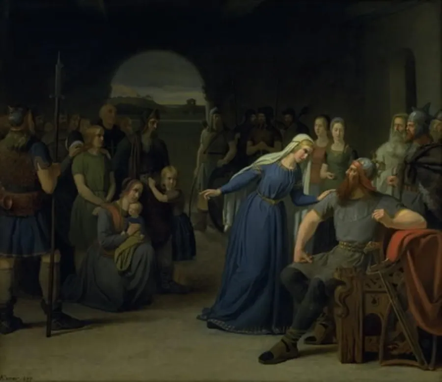 Thyra Danebod forsøger at formilde Gorm den Gamles vrede mod nogle fangne kristne by Julius Exner