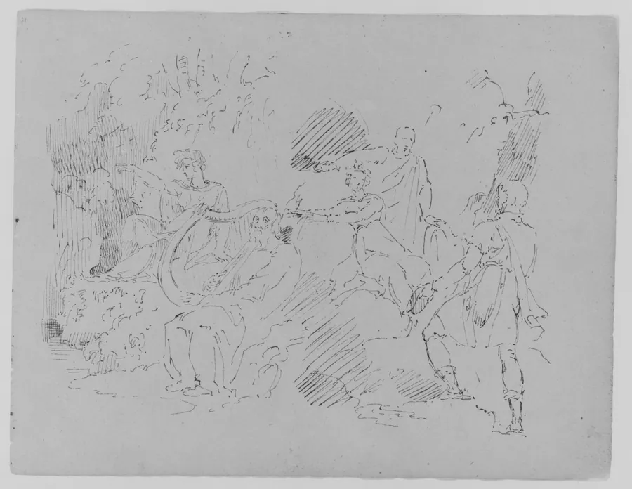 Composition with Five Figures in Natural Setting, Two Male, Three Female, with a Lyre (Ponnassus?) (from Sketchbook) by Thomas Sully