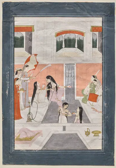 Palace women enjoy music by the side of a cascade