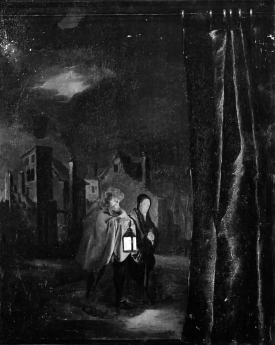 Hjemvendt familie på et torv i måneskin by Gerrit Lundens