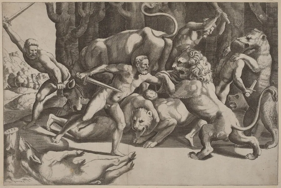 Five Men Fighting Beasts by Master of the Die
