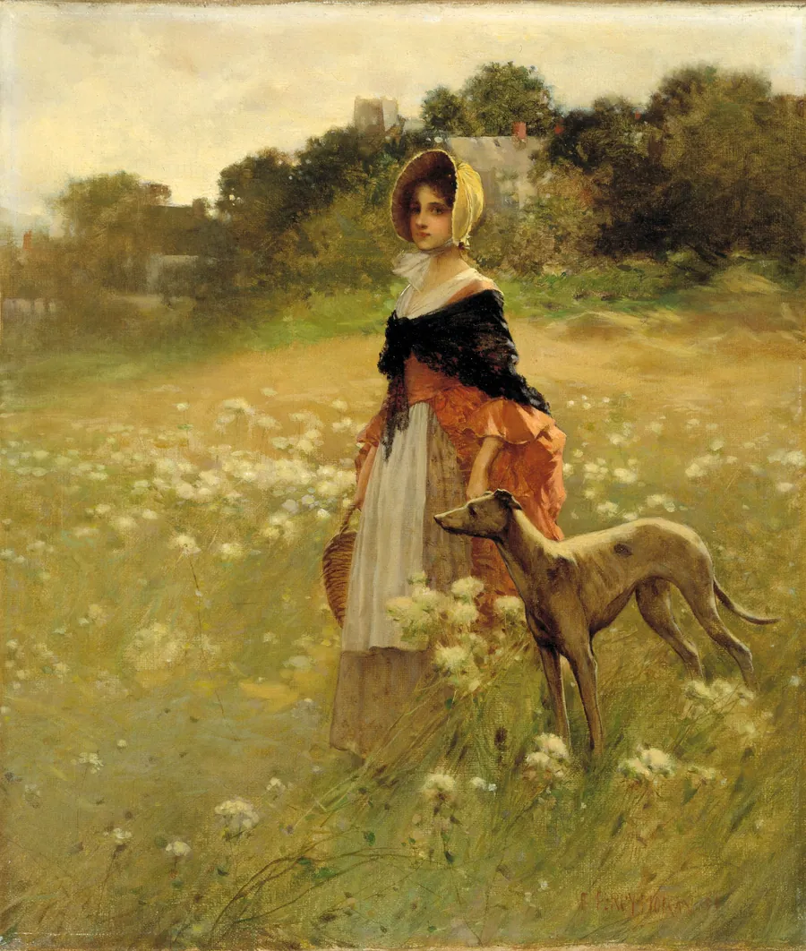 Young Girl and Dog by Percy Moran, born Philadelphia, PA 1862-died New York City 1935