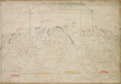Krishna being dressed in women’s clothes for the spring festival Holi