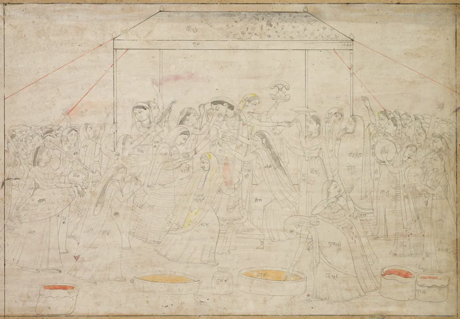 Krishna being dressed in women’s clothes for the spring festival Holi