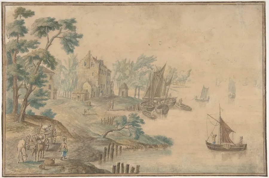 Landscape with Horses and Carts and a River at Right by Anonymous, Flemish, 18th century