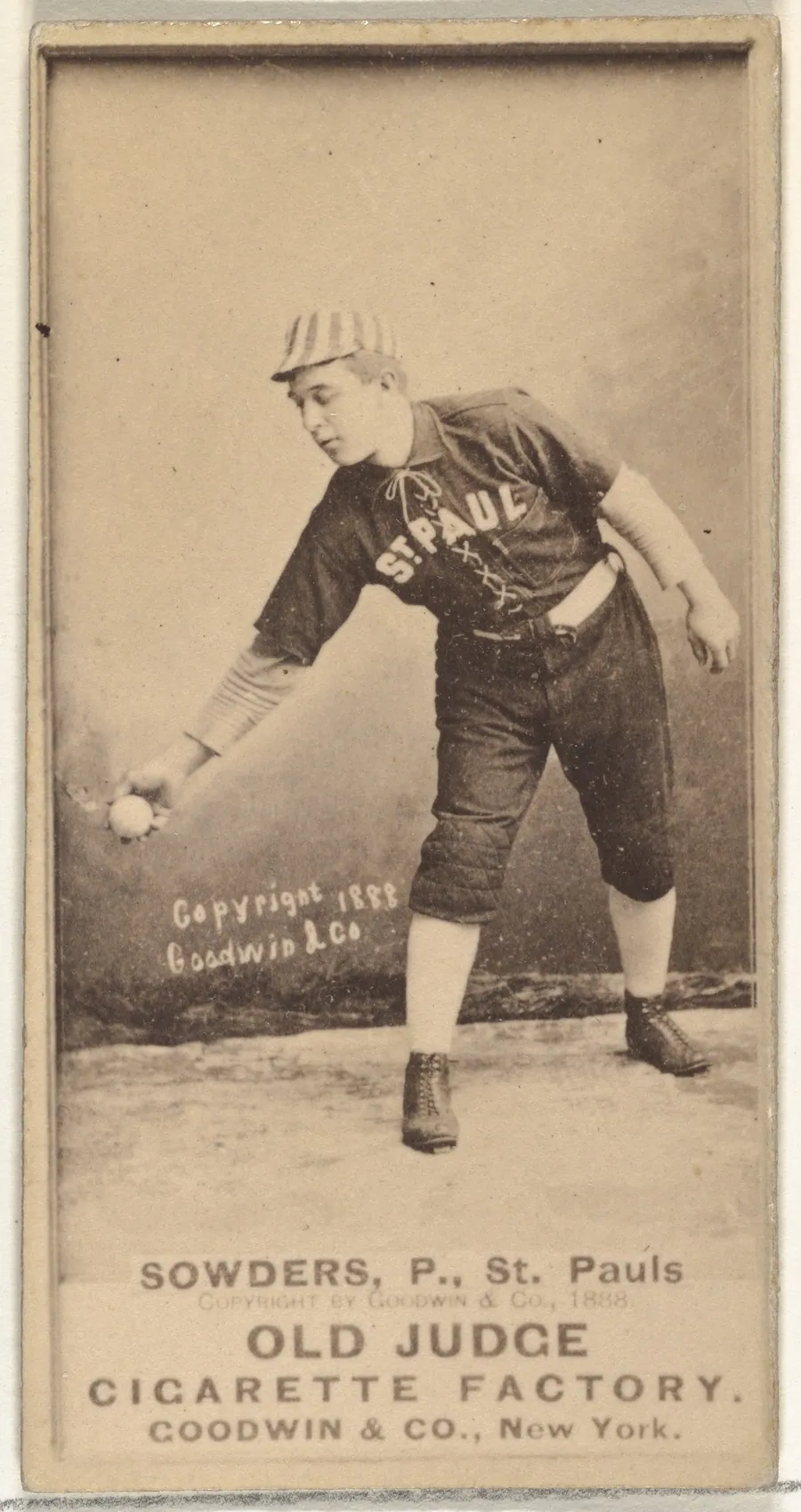 John Sowders, Pitcher, St. Paul Apostles, from the Old Judge series (N172) for Old Judge Cigarettes by Goodwin & Company