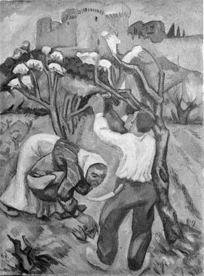 Paysan taillant un arbre en fleurs