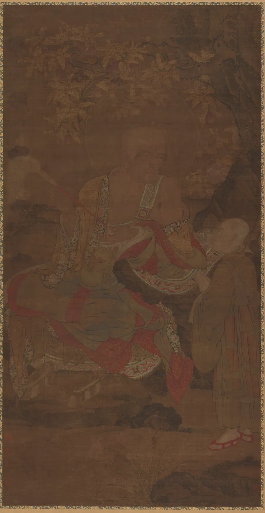 Luohan holding a fly whisk, with attendant 拂塵羅漢像 by Formerly attributed to Wu Daozi (傳)吳道子 (active ca. 710-760)