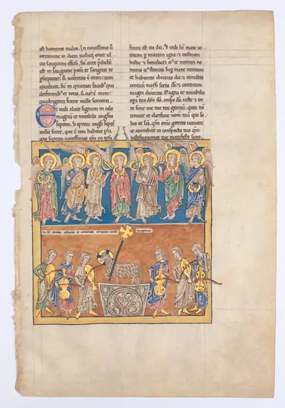 Leaf from a Beatus Manuscript: Seven Angels Hold the Cups of the Seven Last Plagues; The Hymn of the Lamb