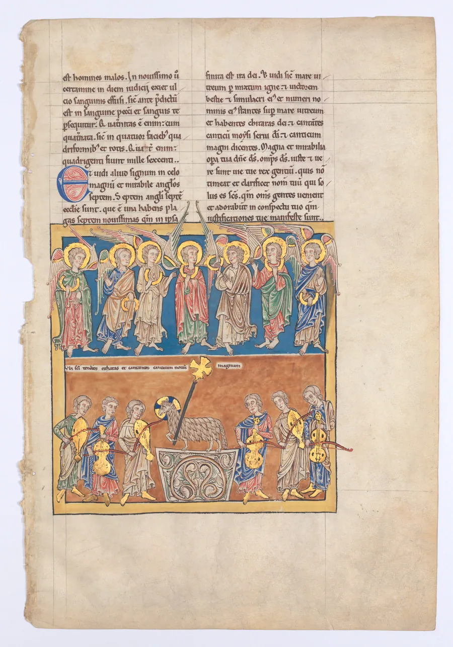 Leaf from a Beatus Manuscript: Seven Angels Hold the Cups of the Seven Last Plagues; The Hymn of the Lamb