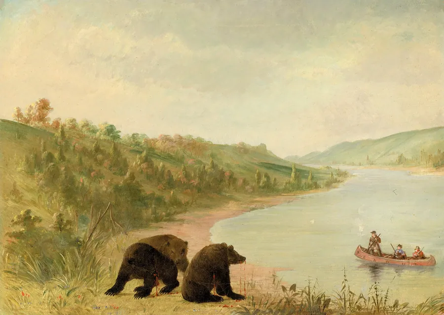 Catlin and His Men in Their Canoe, Urgently Solicited to Come Ashore, Upper Missouri by George Catlin, born Wilkes-Barre, PA 1796-died Jersey City, NJ 1872