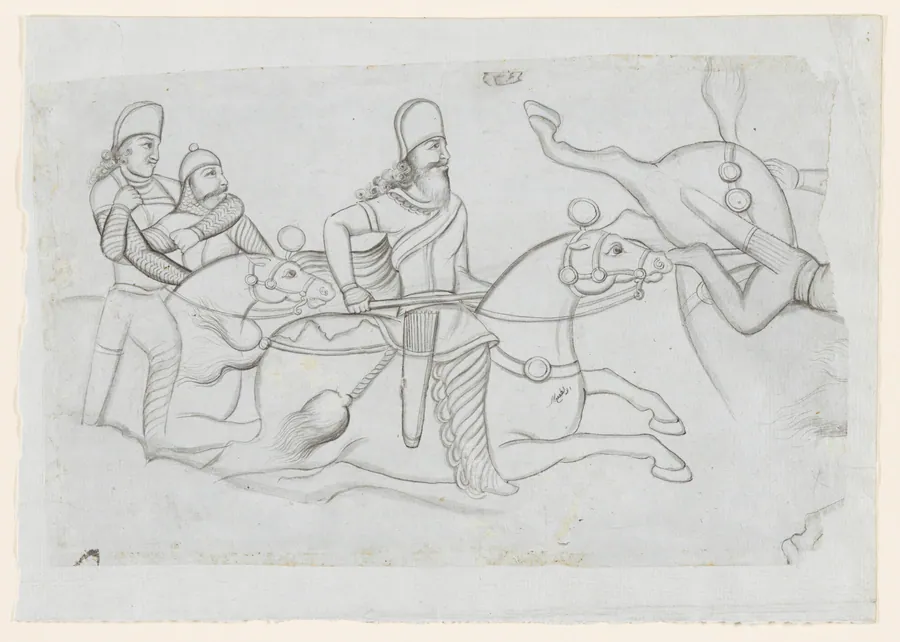 Drawing of Sasanian rock relief: battle of Ardashir I (r. A.D. 224-241) at Firuzabad, southern Iran by Lutf-'Ali Shirazi