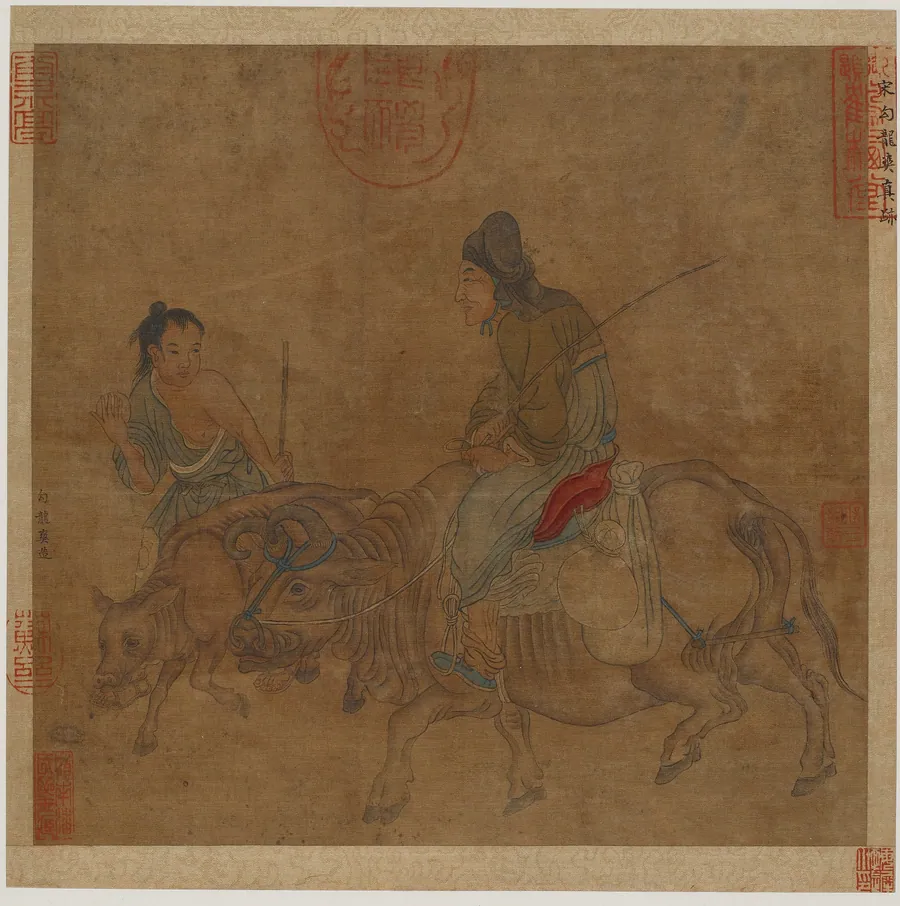 Old woman on ox, with herd-boy and calf by Formerly attributed to Goulong Shuang (active late 11th century)