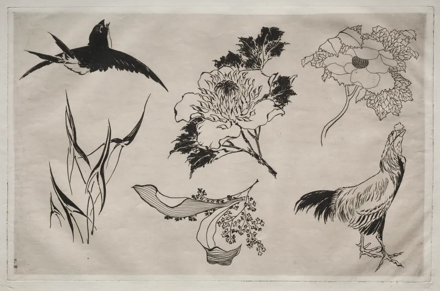 Dinner Service (Rousseau service): Swallow, Rooster and Flowers (no. 8) by Félix Bracquemond