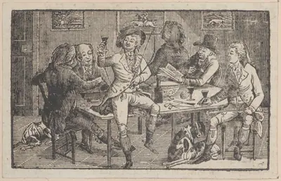 Men seated around a punch bowl, with a hunter offering a toast