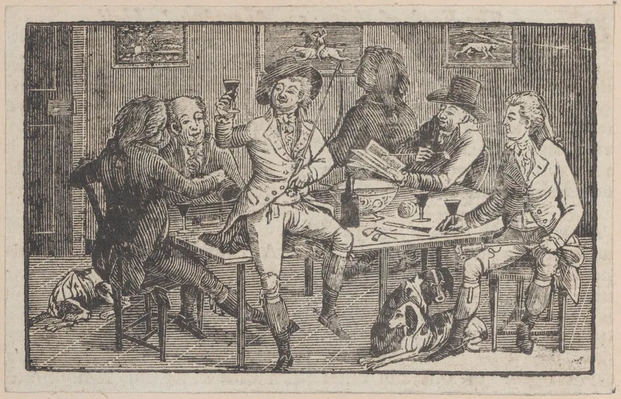 Men seated around a punch bowl, with a hunter offering a toast by Thomas Rowlandson