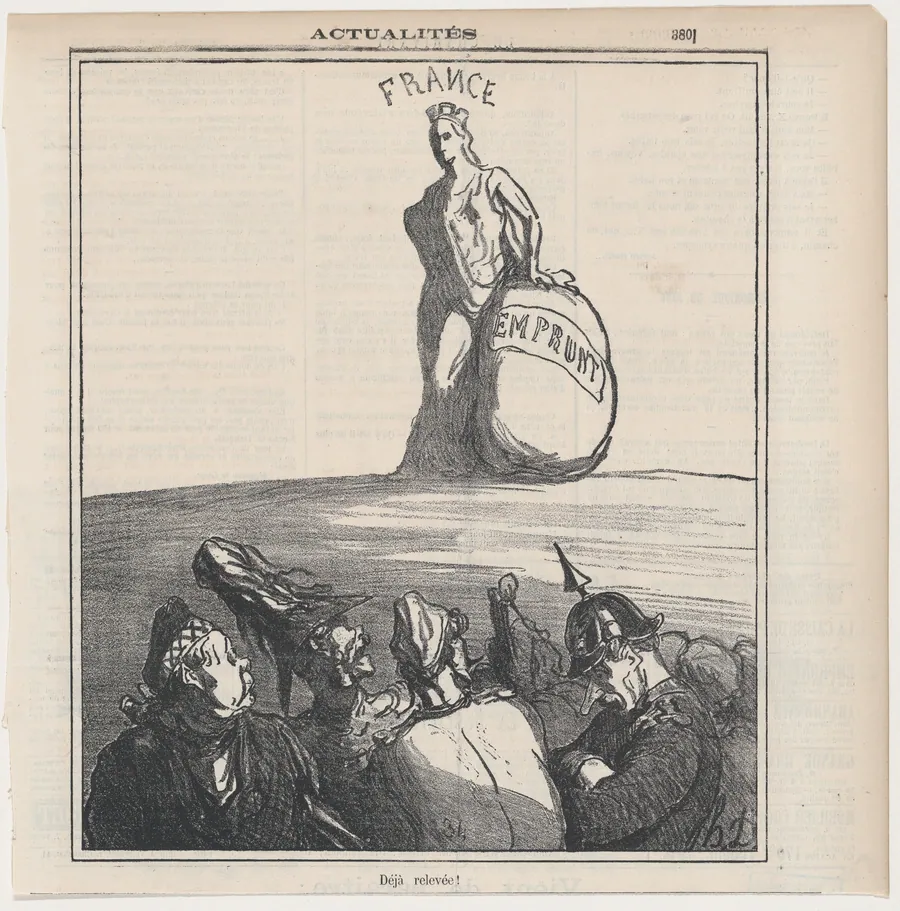 Already on her feet again!, from 'News of the day,' published in Le Charivari, July 19, 1871 by Honoré Daumier