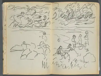 Sketchbook- The Granite Shore Hotel, Rockport, page 068 & 69: Beach View with Figures